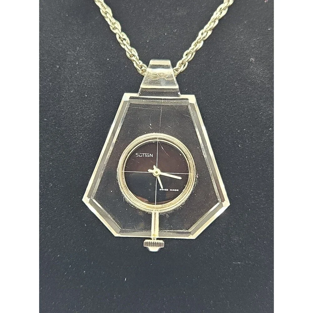 Vintage Sutton Swiss Manual Wind Lucite Plexiglass Pendant Watch MCM 1 Jewel 70s
